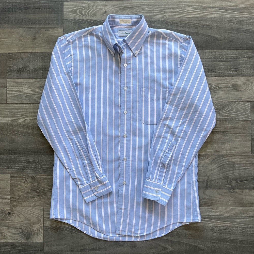 VTG LL Bean Button Down Shirt Men’s 15 33 Blue White Pink Striped MADE IN USA